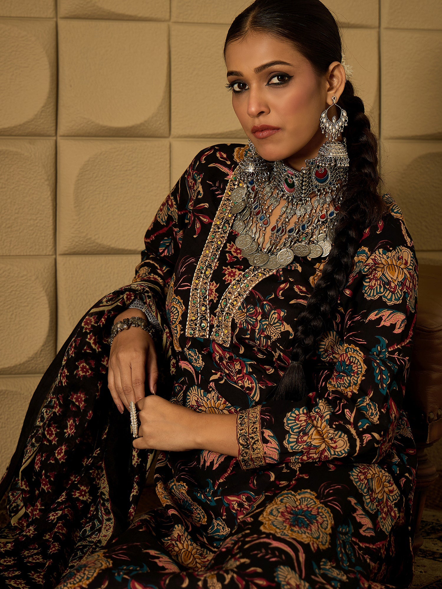 indo era, suit, kurta set for women, indo era kurta, kurta sets for ladies, summer dresses for women, 3 piece suit, cotton kurta set for women, new arrivals, women kurti plazo set, women in suit, kurta suit, floral kurta, short suit, spring summer, Black suit
