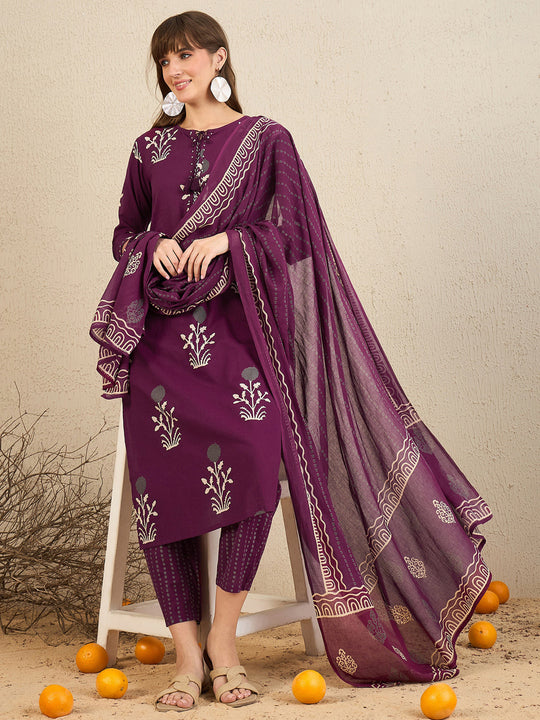Indo Era Burgundy Printed Straight Kurta Trousers With Dupatta