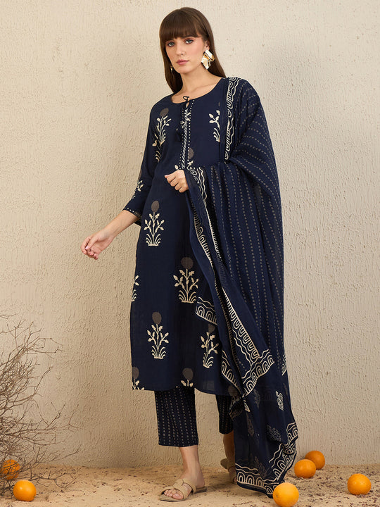 Indo Era Navy Blue Printed Straight Kurta Trousers With Dupatta Set