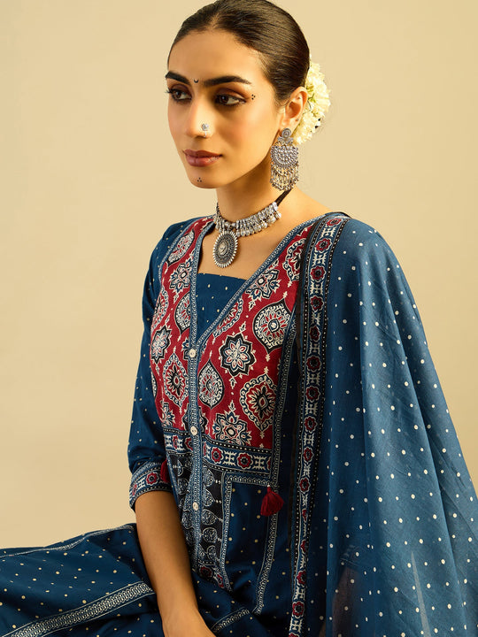 Indo Era Blue Printed Straight Kurta Trousers With Dupatta Set