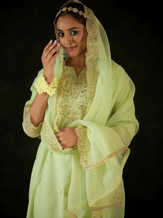 Indo Era Sea Green Embroidered Straight Kurta Trousers With Dupatta set