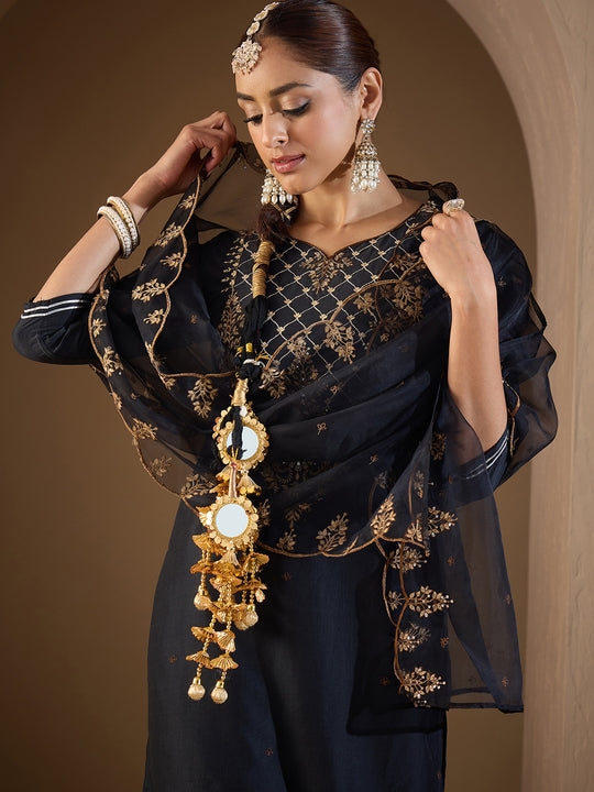 Indo Era Black Embroidered Straight Kurta Trousers With Dupatta Set