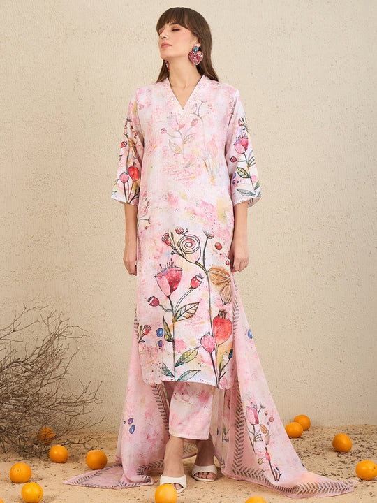 Indo Era Pink Printed Straight Kurta Trousers With Dupatta Set