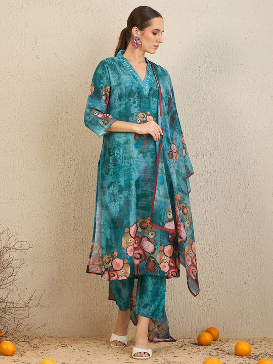 Indo Era Green Printed Straight Kurta Trousers With Dupatta Set