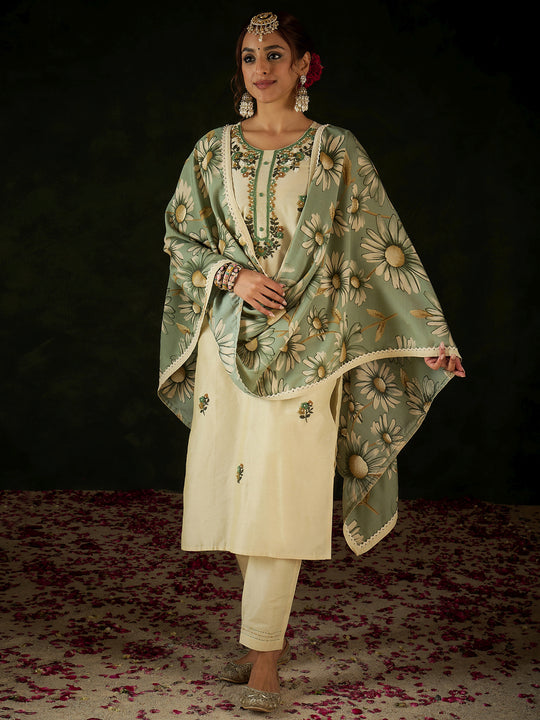 Indo Era Cream Embroidered Straight Kurta Trousers With Dupatta Set