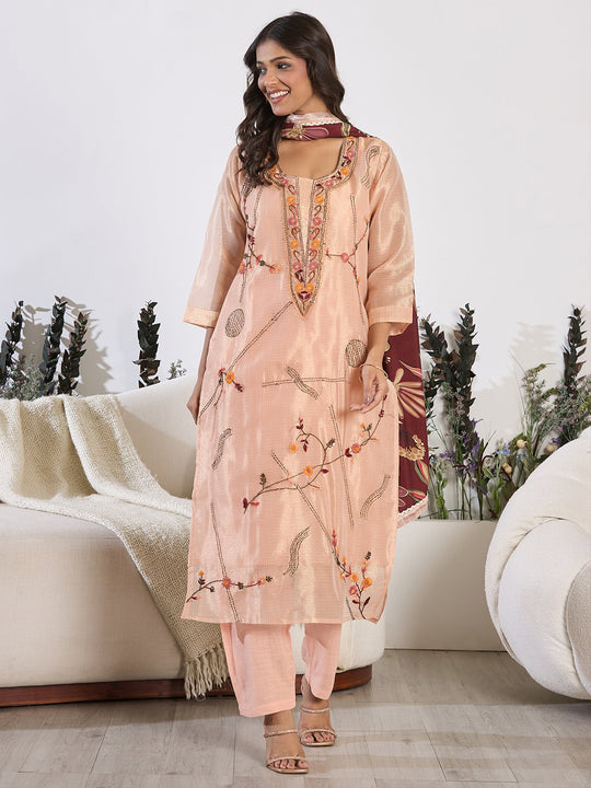Indo Era Peach Embroidered Straight Kurta Trousers With Dupatta Set