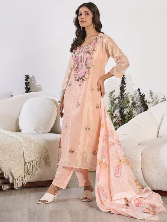 Indo Era Peach Embroidered Straight Kurta Trousers With Dupatta Set