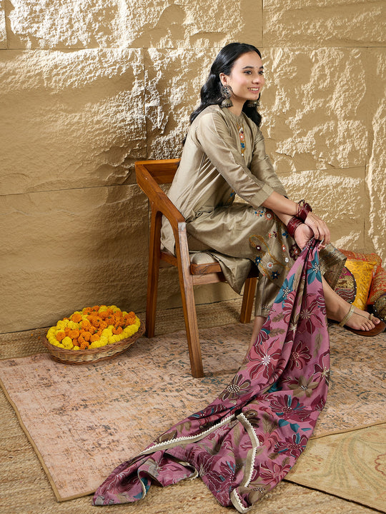 Beige Embroidered Straight Kurta Trousers With Dupatta