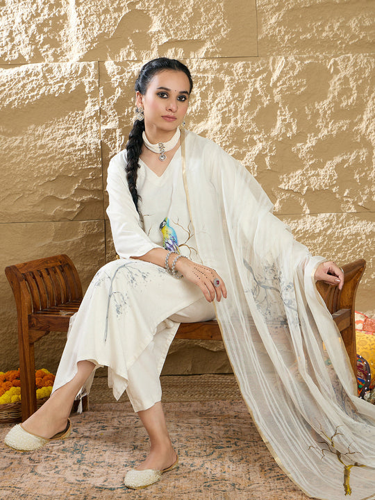 Indo Era Cream Embroidered Straight Kurta Trousers With Dupatta Set