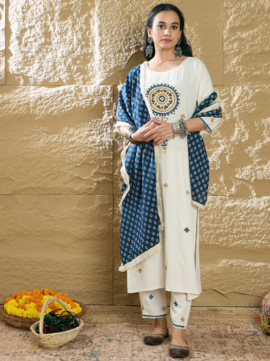 Indo Era Cream Embroidered Straight Kurta Trousers With Dupatta Set