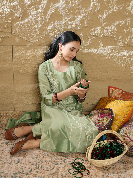 Indo Era Green Embroidered Straight Kurta Trousers set