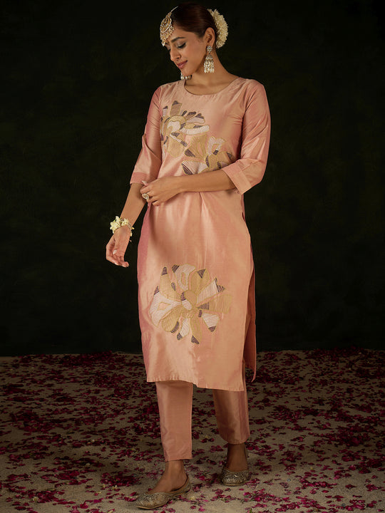 Indo Era Peach Embroidered Straight Kurta Trousers set