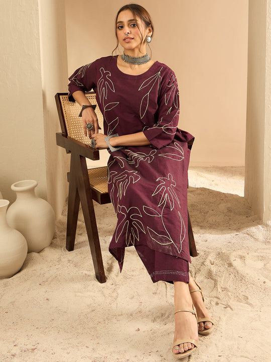 Indo Era Burgundy Embroidered Straight Kurta Trousers Set