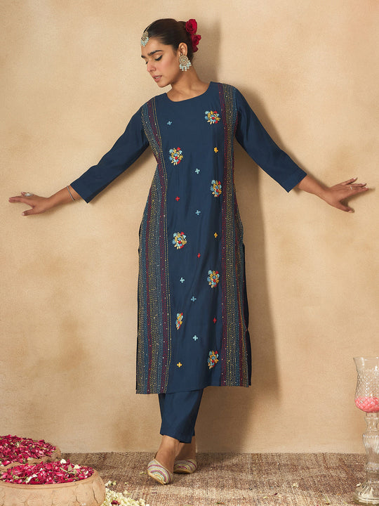 Indo Era Blue Embroidered Straight Kurta Trousers set