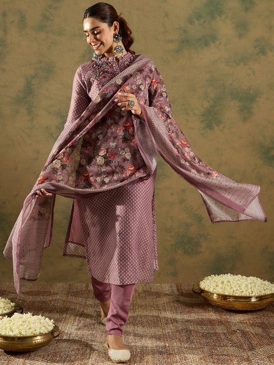 Indo Era Burgundy Printed Straight Kurta Trousers With Dupatta Set