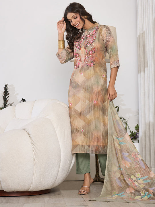 Indo Era Multi Printed Straight Kurta Trousers With Dupatta Set