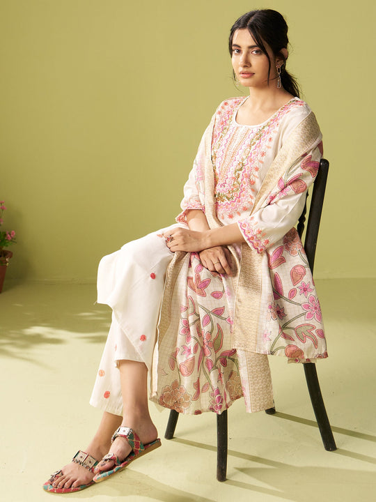 Off White Embroidered Silk Blend Straight Women Kurta Trouser With Dupatta