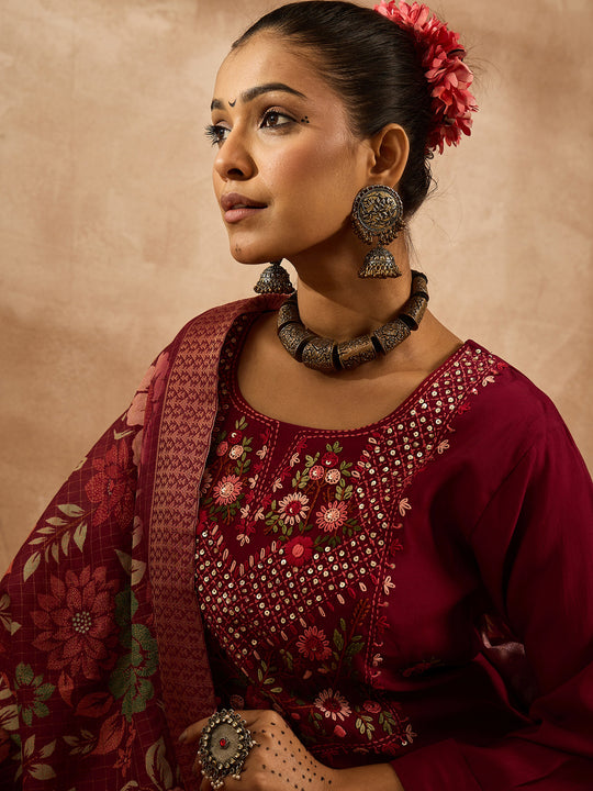 Maroon Embroidered Straight Kurta Trousers With Dupatta