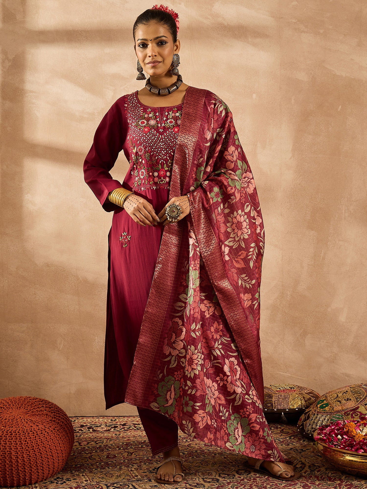 Maroon Embroidered Straight Kurta Trousers With Dupatta