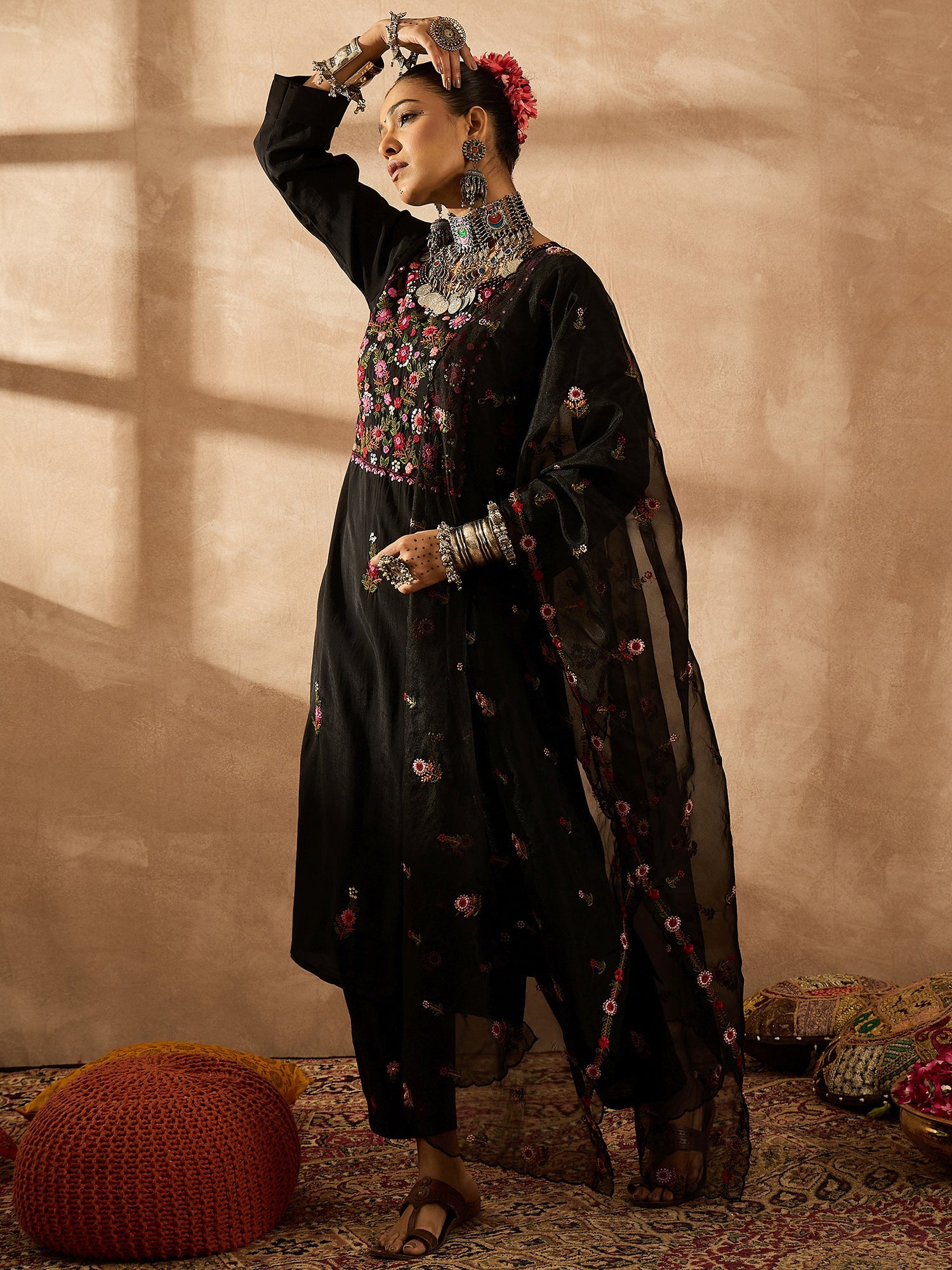 indo era, suit, kurta set for women, indo era kurta, kurta sets for ladies, summer dresses for women, 3 piece suit, cotton kurta set for women, new arrivals, women kurti plazo set, women in suit, kurta suit, floral kurta, short suit, spring summer, Black suit