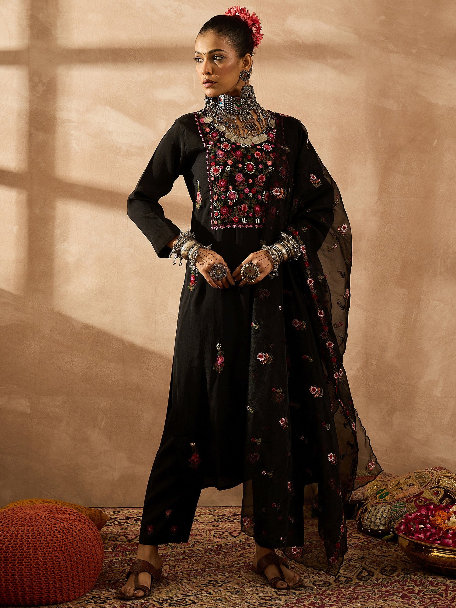 indo era, suit, kurta set for women, indo era kurta, kurta sets for ladies, summer dresses for women, 3 piece suit, cotton kurta set for women, new arrivals, women kurti plazo set, women in suit, kurta suit, floral kurta, short suit, spring summer, Black suit