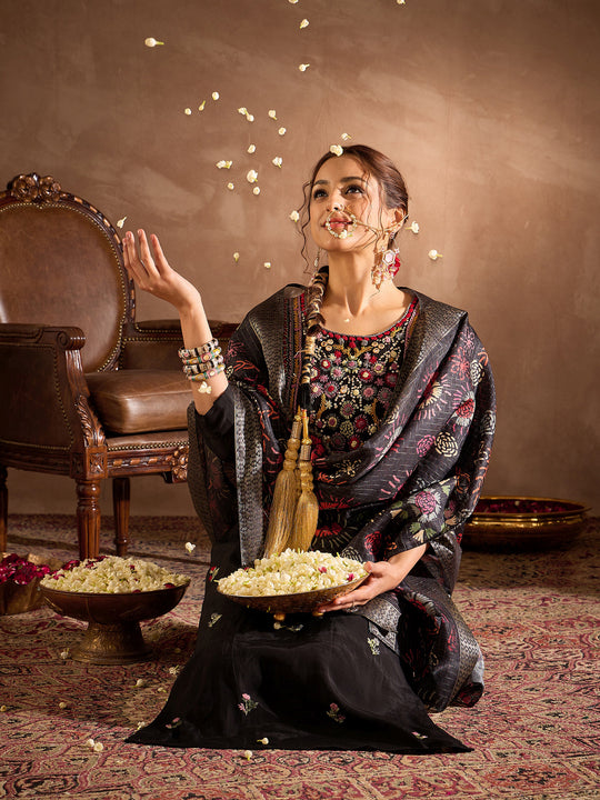 Indo Era Black Embroidered Straight Kurta Trousers With Dupatta Set