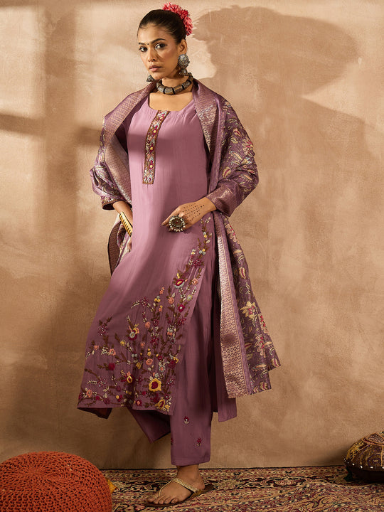 Indo Era Mauve Embroidered Straight Kurta Trousers With Dupatta Set