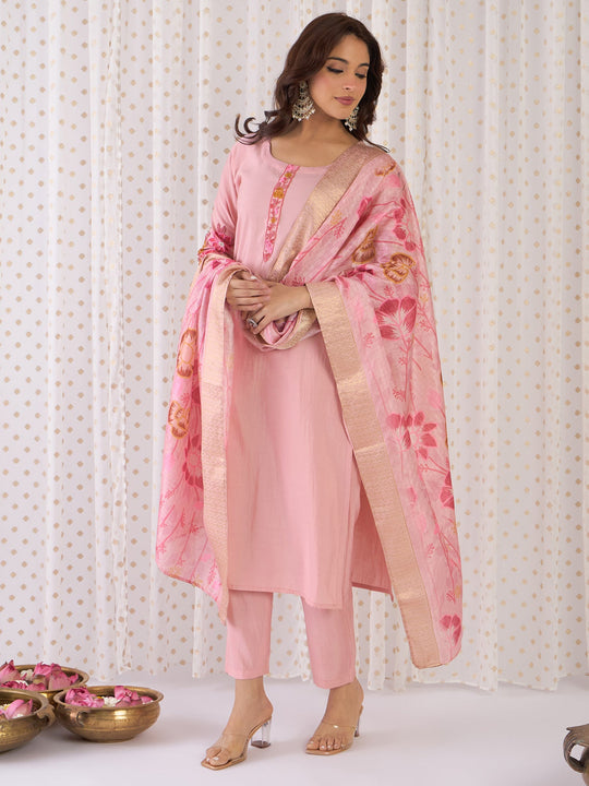Indo Era Peach Embroidered Straight Kurta Trousers With Dupatta Set