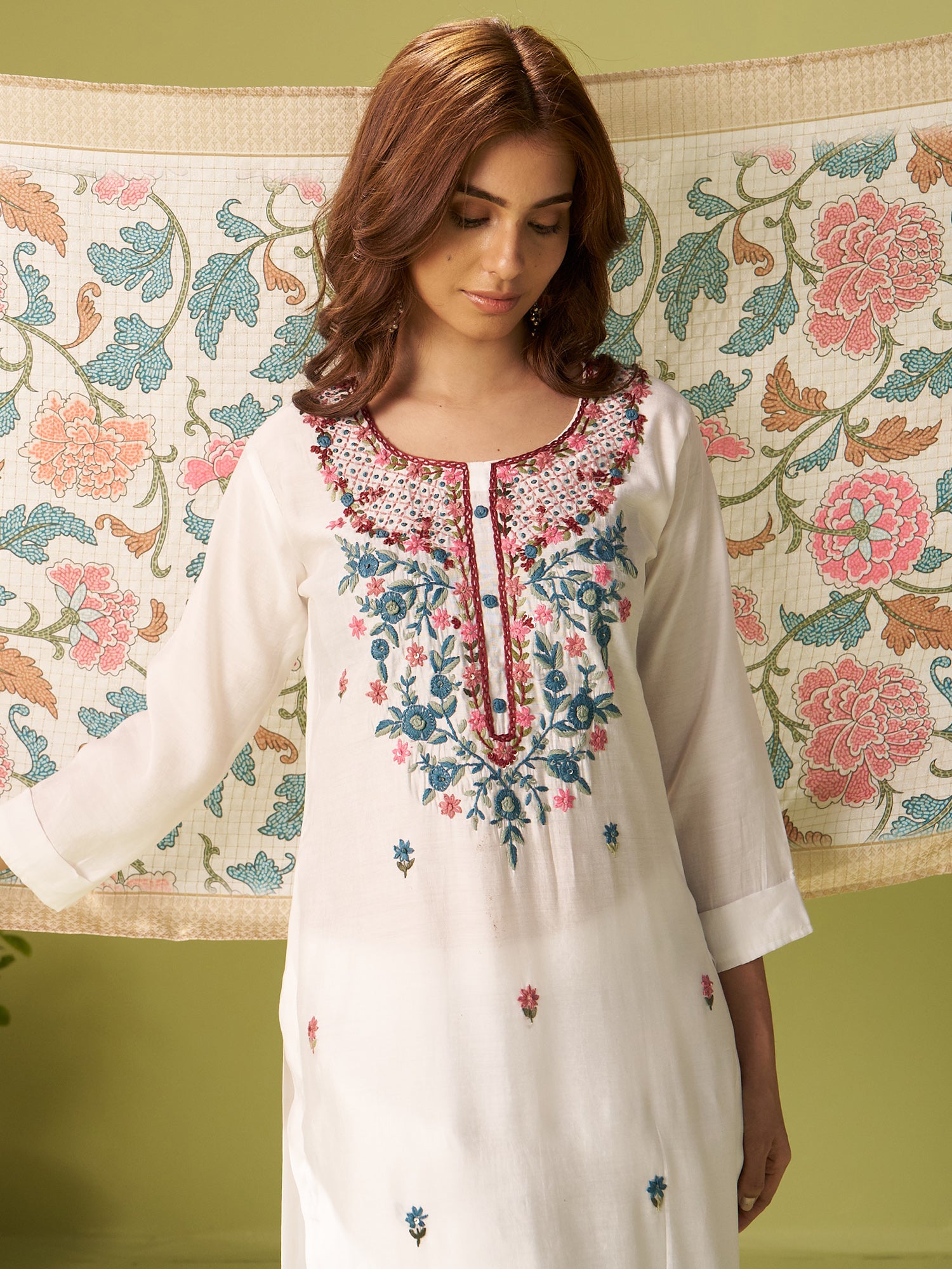 White Embroidered Silk Blend Straight Women Kurta Trouser With Dupatta
