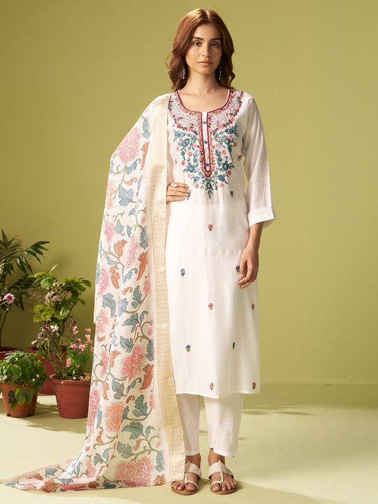 White Embroidered Silk Blend Straight Women Kurta Trouser With Dupatta