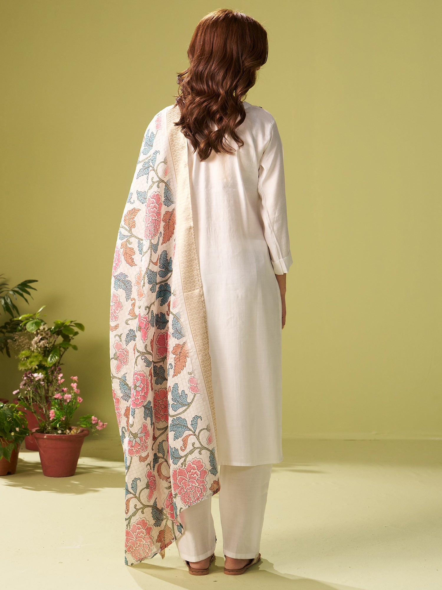 White Embroidered Silk Blend Straight Women Kurta Trouser With Dupatta