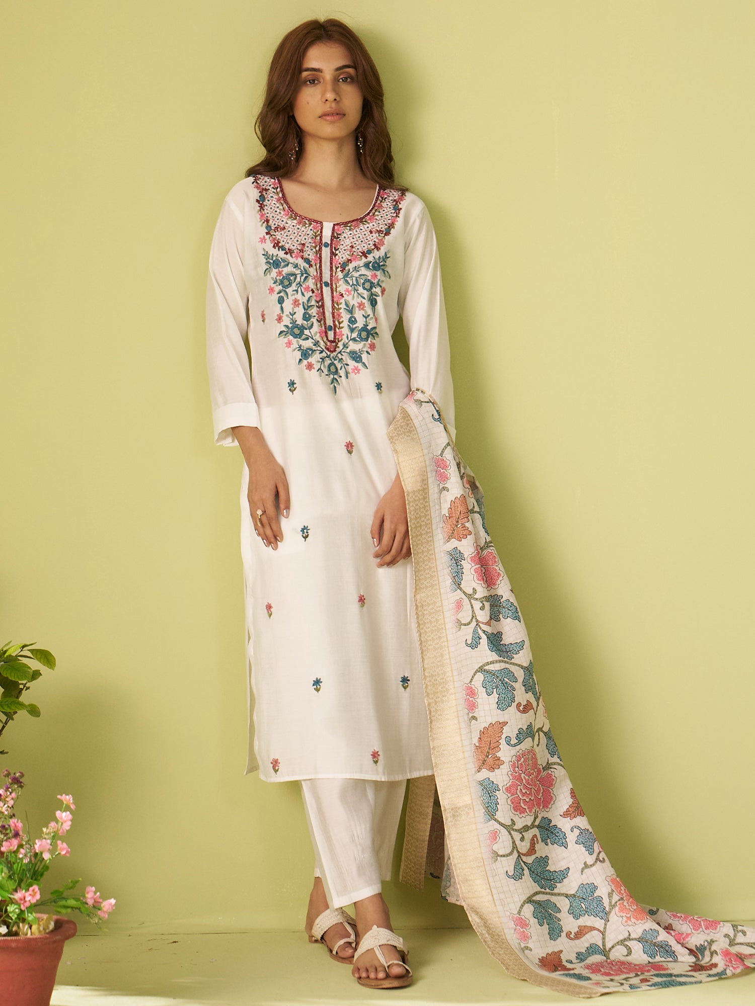 White Embroidered Silk Blend Straight Women Kurta Trouser With Dupatta