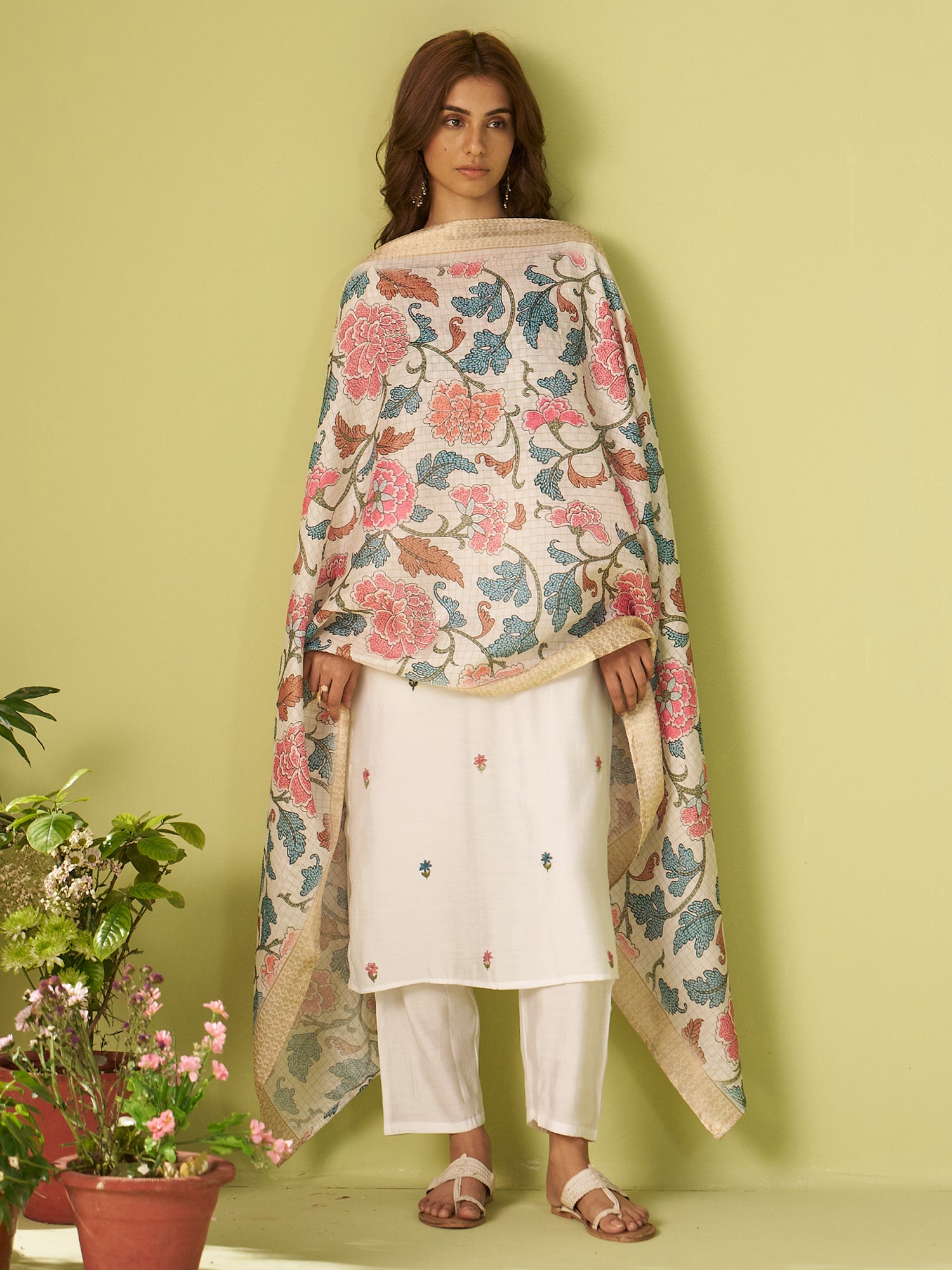 White Embroidered Silk Blend Straight Women Kurta Trouser With Dupatta