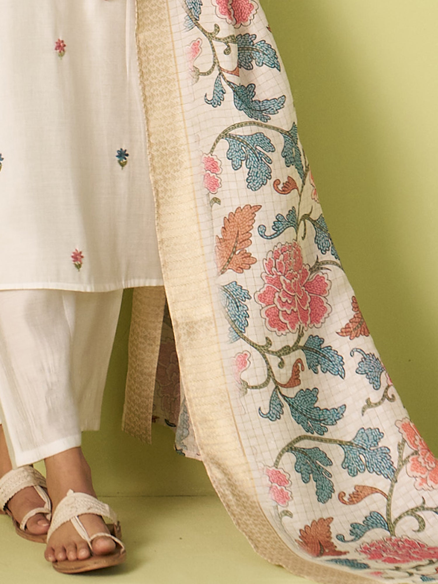 White Embroidered Silk Blend Straight Women Kurta Trouser With Dupatta