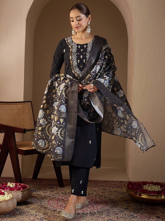 Indo Era Black Embroidered Straight Kurta Trousers With Dupatta Set