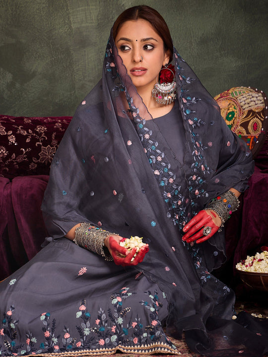 Indo Era Blue Embroidered Straight Kurta Trousers With Dupatta Set