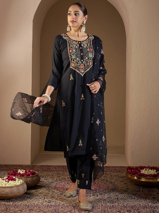 Indo Era Black Embroidered Straight Kurta Trousers With Dupatta Set