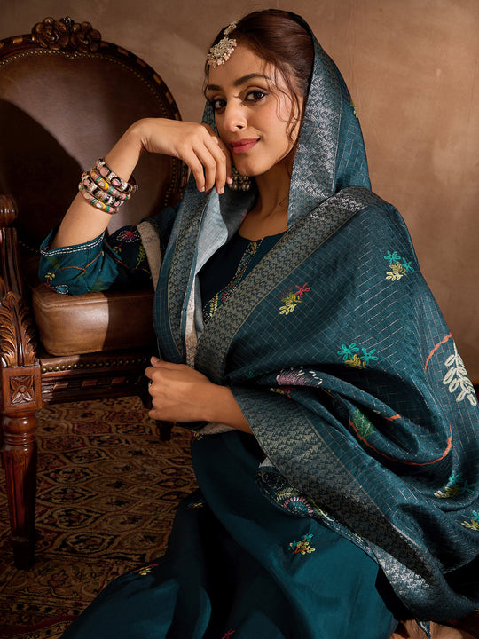 Indo Era Teal Embroidered Straight Kurta Trousers With Dupatta Set