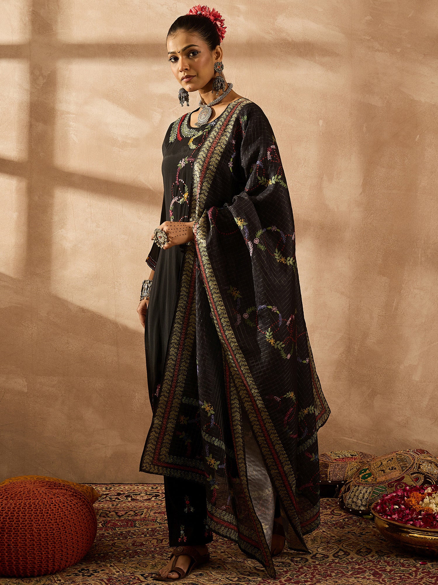 indo era, suit, kurta set for women, indo era kurta, kurta sets for ladies, summer dresses for women, 3 piece suit, cotton kurta set for women, new arrivals, women kurti plazo set, women in suit, kurta suit, floral kurta, short suit, spring summer, Black suit