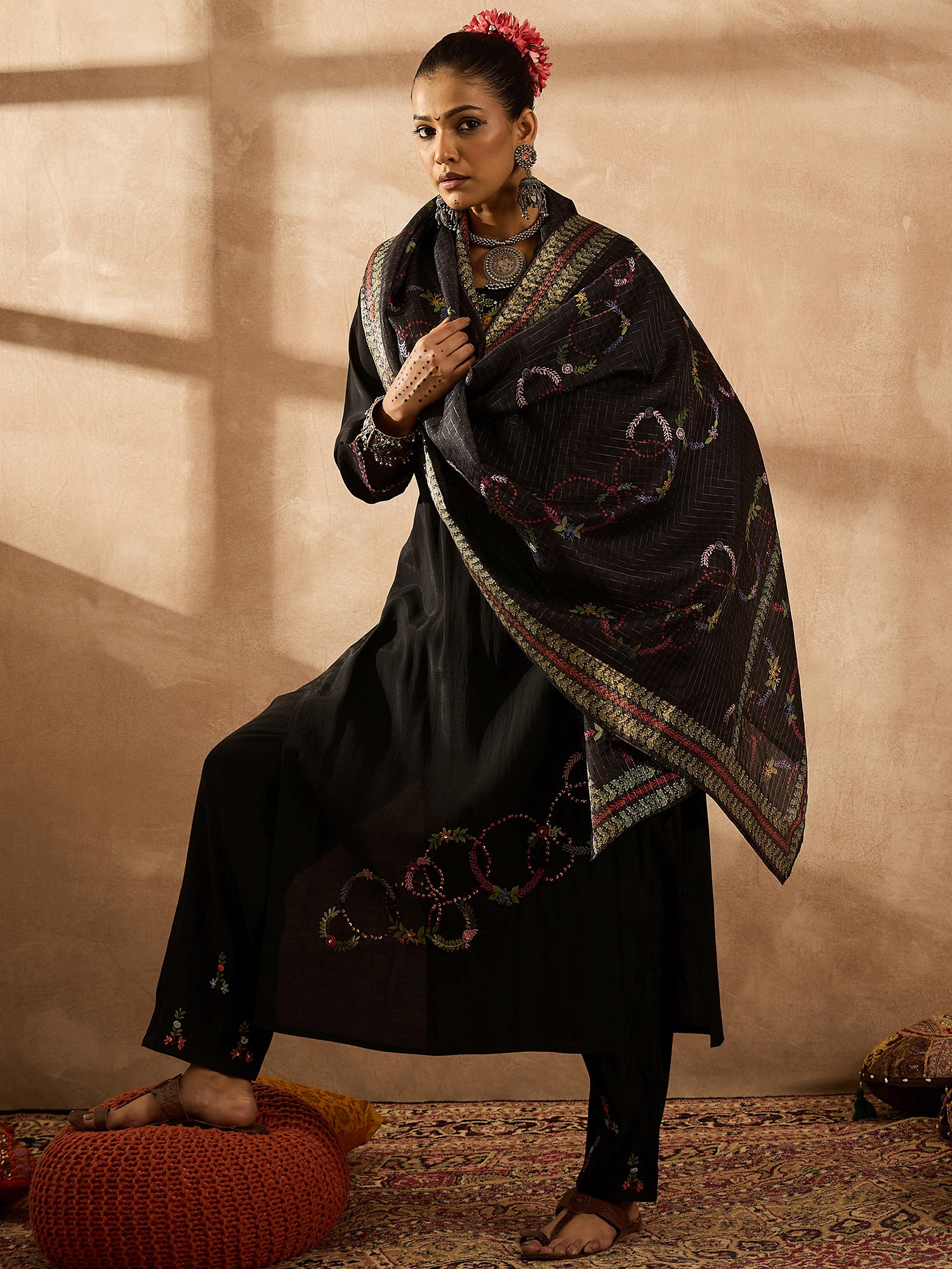 indo era, suit, kurta set for women, indo era kurta, kurta sets for ladies, summer dresses for women, 3 piece suit, cotton kurta set for women, new arrivals, women kurti plazo set, women in suit, kurta suit, floral kurta, short suit, spring summer, Black suit