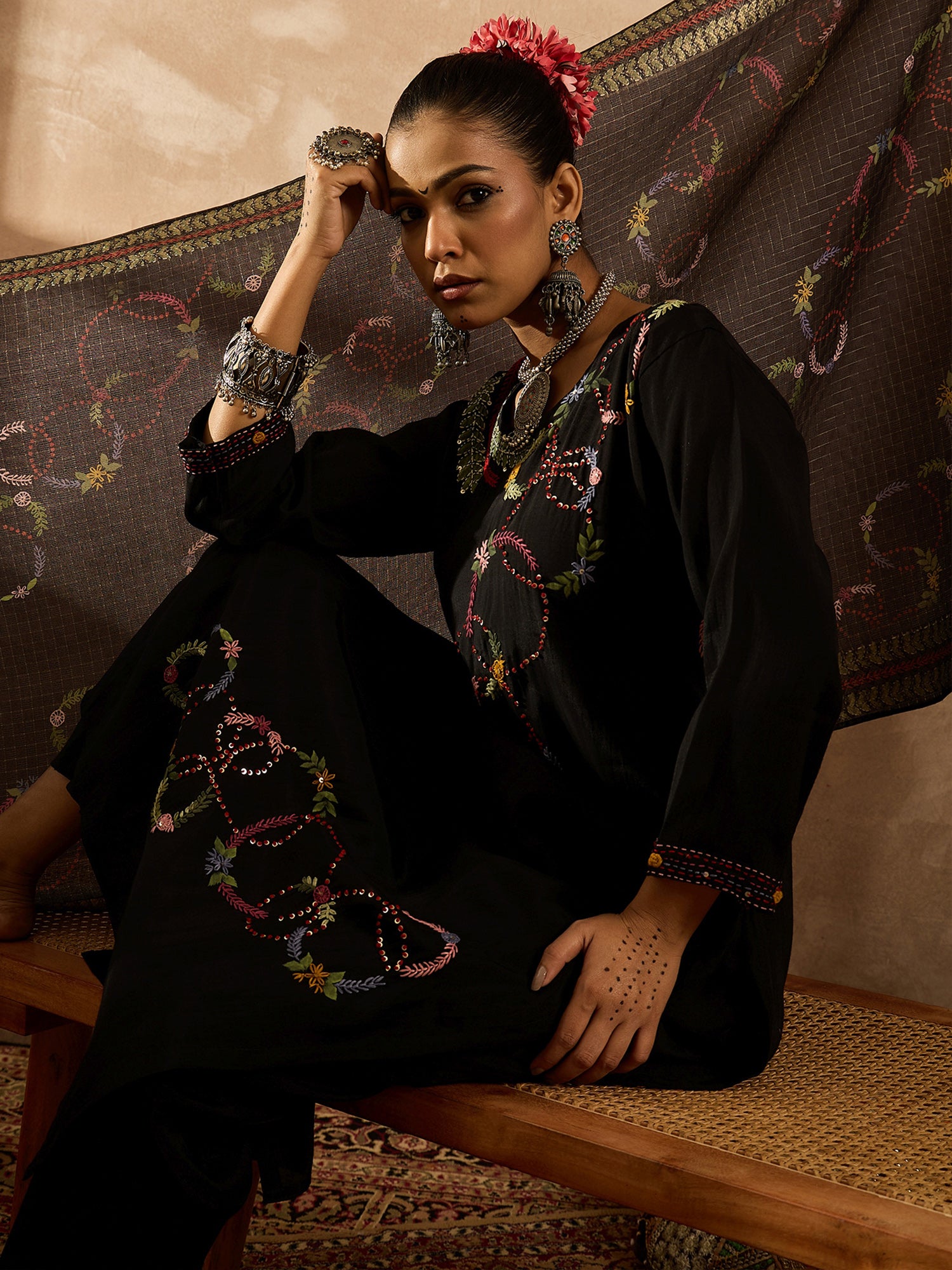 indo era, suit, kurta set for women, indo era kurta, kurta sets for ladies, summer dresses for women, 3 piece suit, cotton kurta set for women, new arrivals, women kurti plazo set, women in suit, kurta suit, floral kurta, short suit, spring summer, Black suit