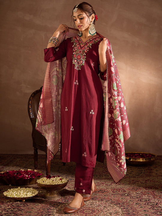 Indo Era Maroon Embroidered Straight Kurta Trousers With Dupatta Set