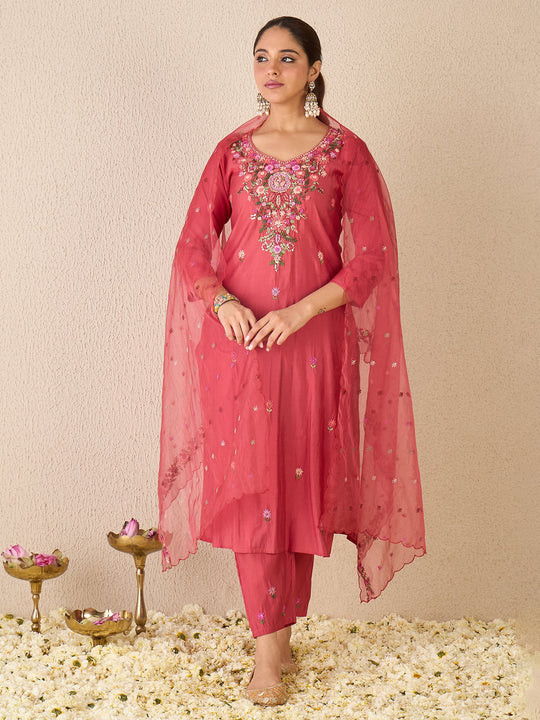 Women Peach Embroidered Silk Blend Straight Kurta Sets With Dupatta