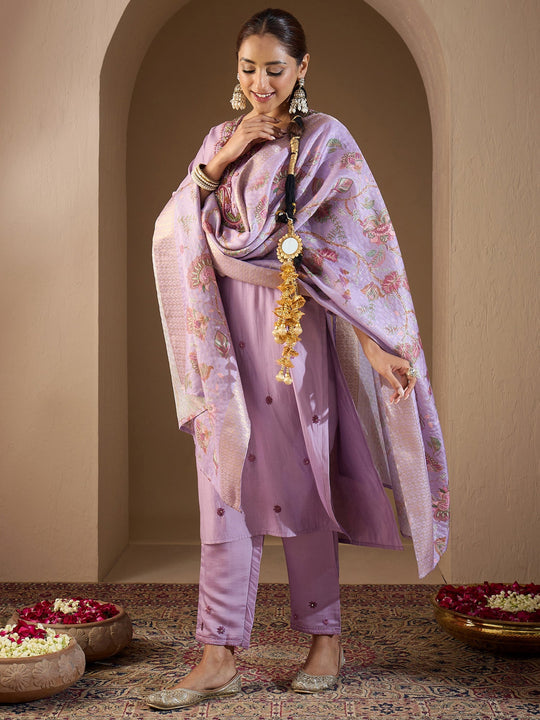 Indo Era Lavender Embroidered Straight Kurta Trousers With Dupatta Set