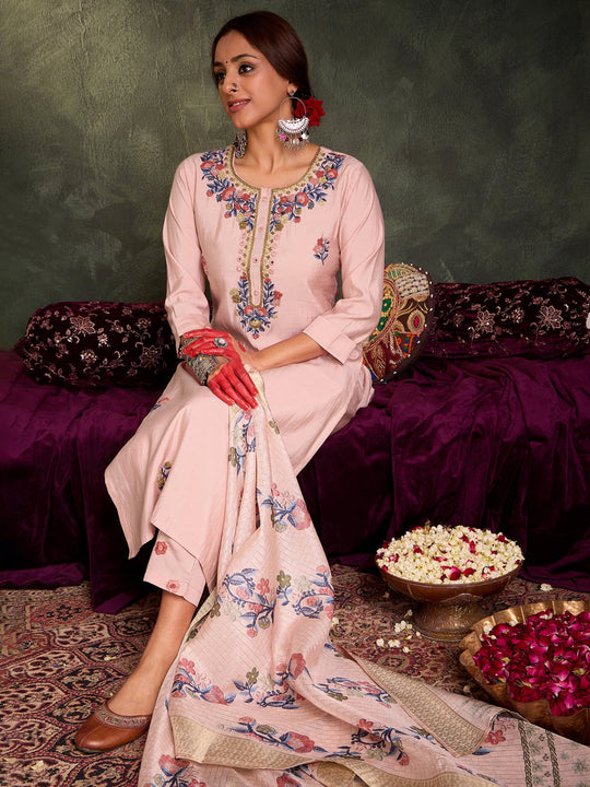 Indo Era Mauve Embroidered Straight Kurta Trousers With Dupatta Set