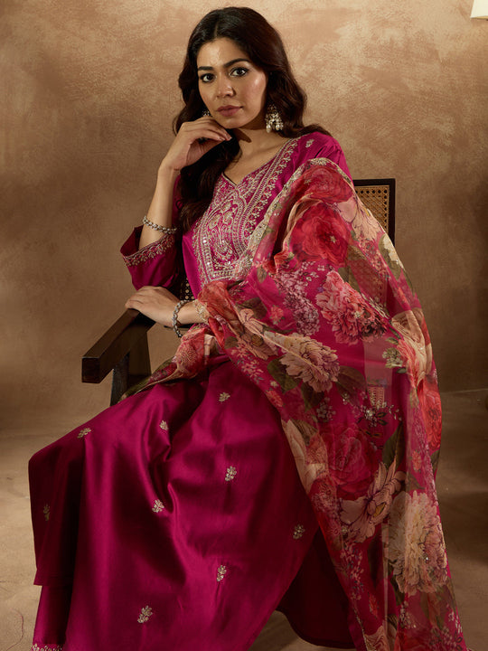 Indo Era Burgundy Embroidered Straight Kurta Trousers With Dupatta Set