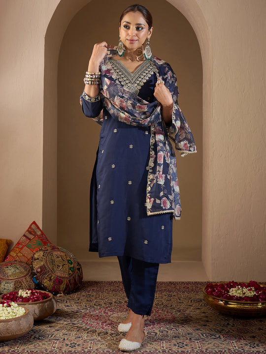 Indo Era Navy Blue Embroidered Straight Kurta Trousers With Dupatta Set