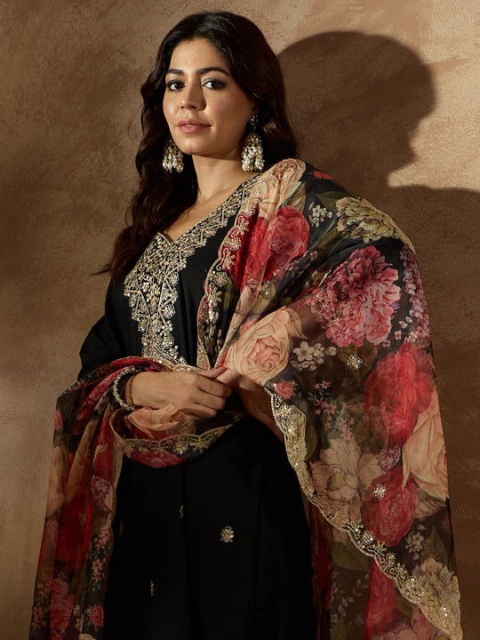 Indo Era Black Embroidered Straight Kurta Trousers With Dupatta Set