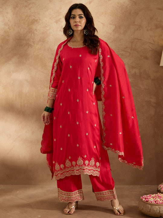 Indo Era Red Embroidered Straight Kurta Trousers With Dupatta Set