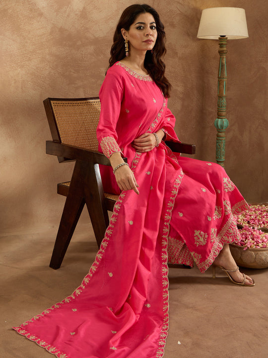 Indo Era Magenta Embroidered Straight Kurta Trousers With Dupatta Set